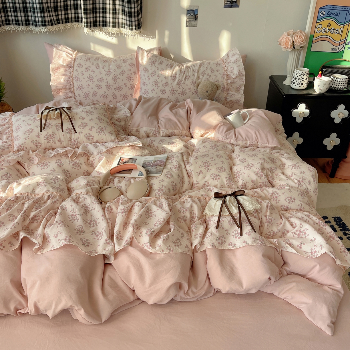 91家纺网 家纺一手货源 找家纺 栩裕纺织 2026新款A类云朵锦花边四件套 樱花粉