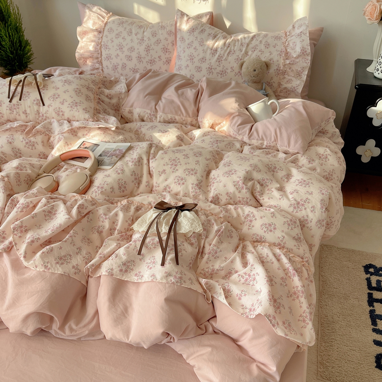 91家纺网 家纺一手货源 找家纺 栩裕纺织 2026新款A类云朵锦花边四件套 樱花粉