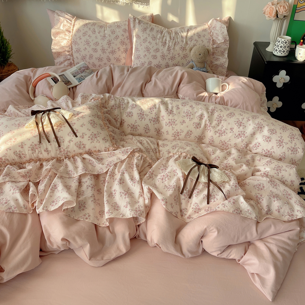 91家纺网 家纺一手货源 找家纺 栩裕纺织 2026新款A类云朵锦花边四件套 樱花粉