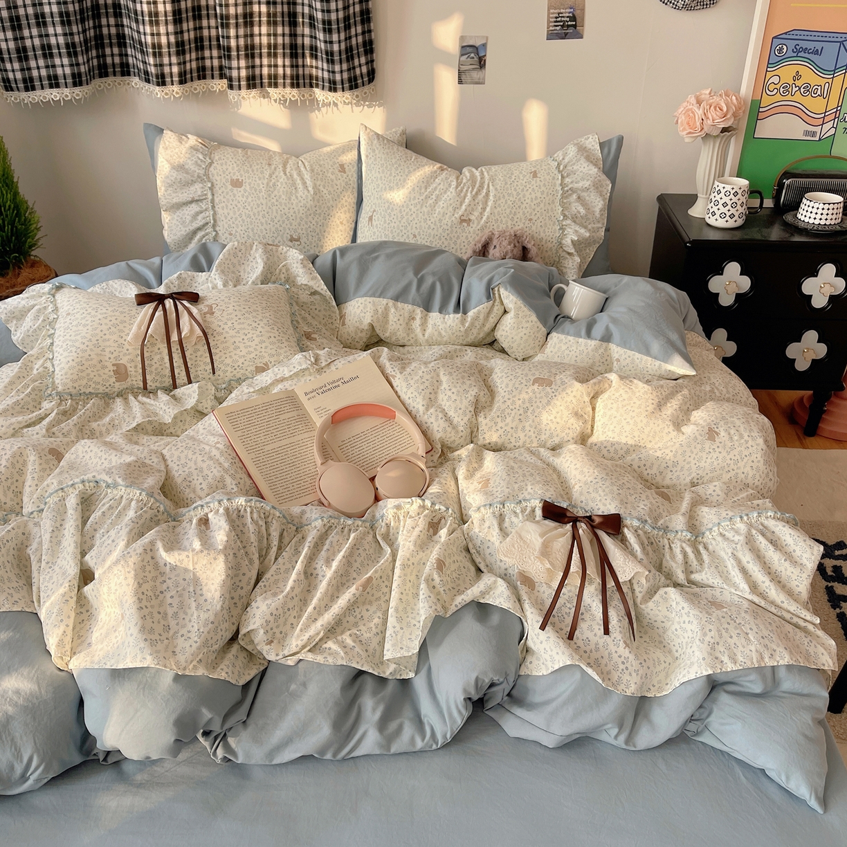 91家纺网 家纺一手货源 找家纺 栩裕纺织 2026新款A类云朵锦花边四件套 动物世界-雾蓝