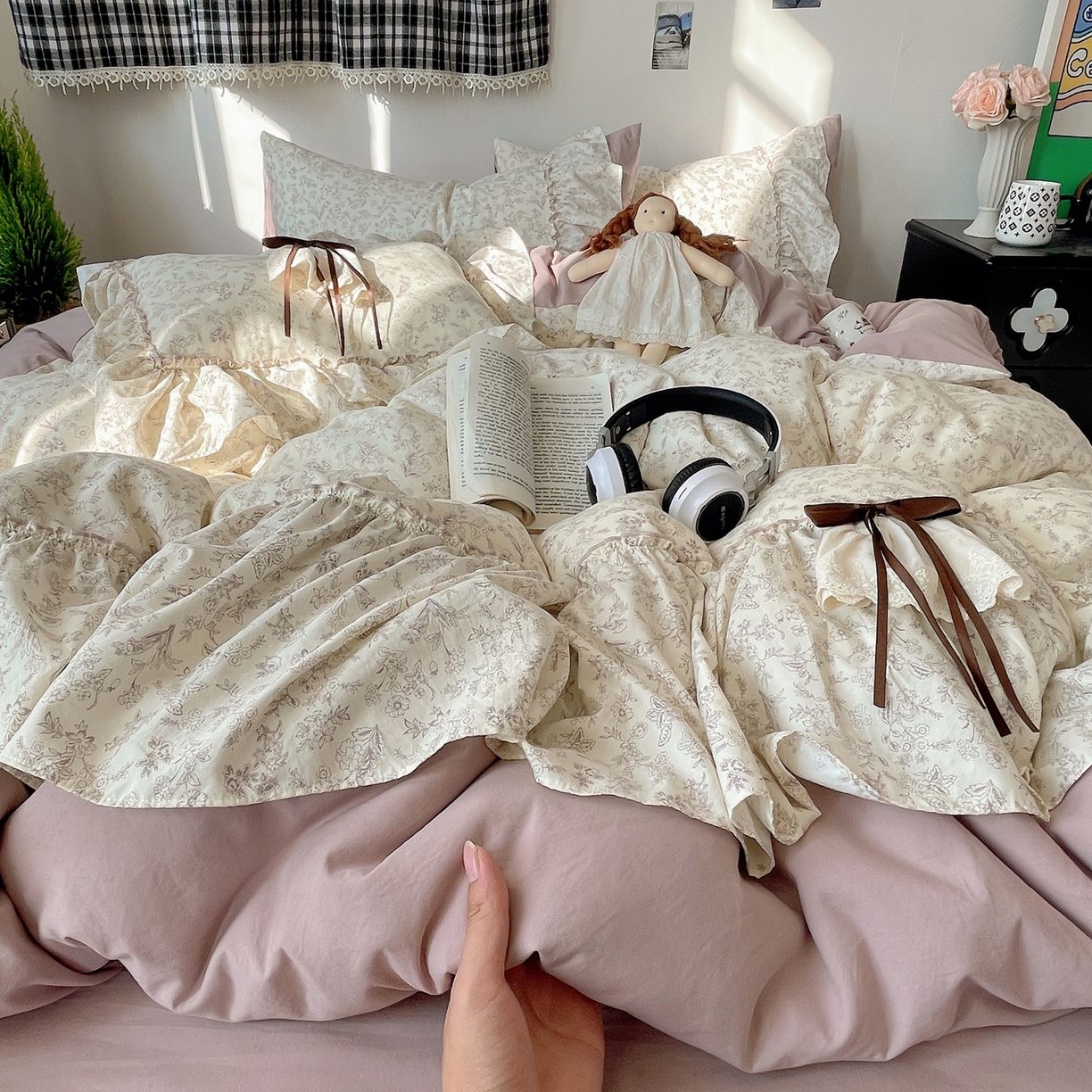 栩裕纺织 2026新款A类云朵锦花边四件套 满天星-豆沙