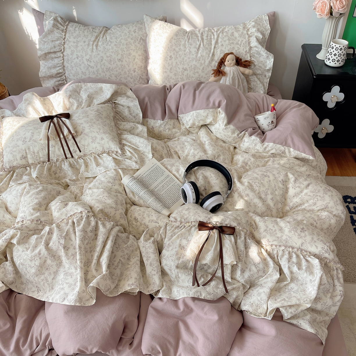 91家纺网 家纺一手货源 找家纺 栩裕纺织 2026新款A类云朵锦花边四件套 满天星-豆沙