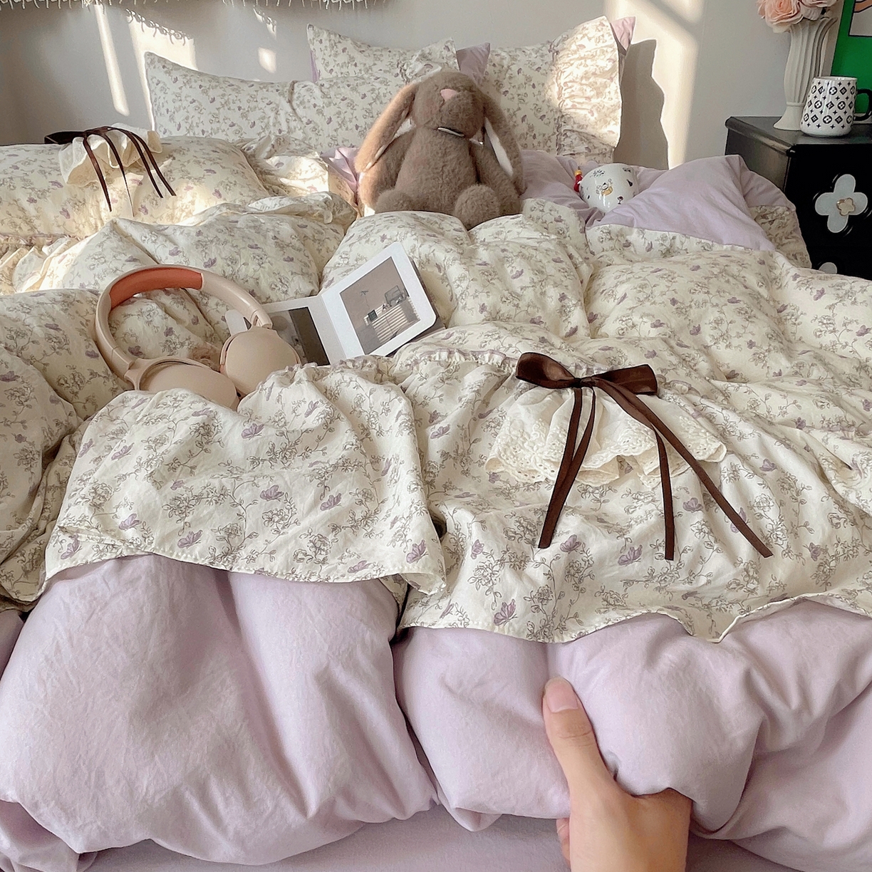 栩裕纺织 2026新款A类云朵锦花边四件套 满天星-浅紫