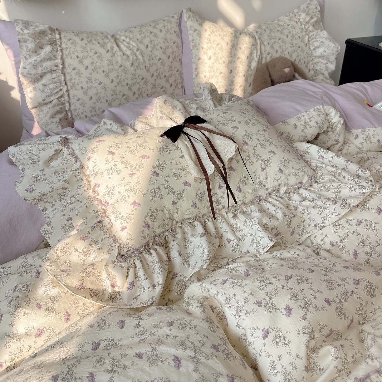 91家纺网 家纺一手货源 找家纺 栩裕纺织 2026新款A类云朵锦花边四件套 满天星-浅紫