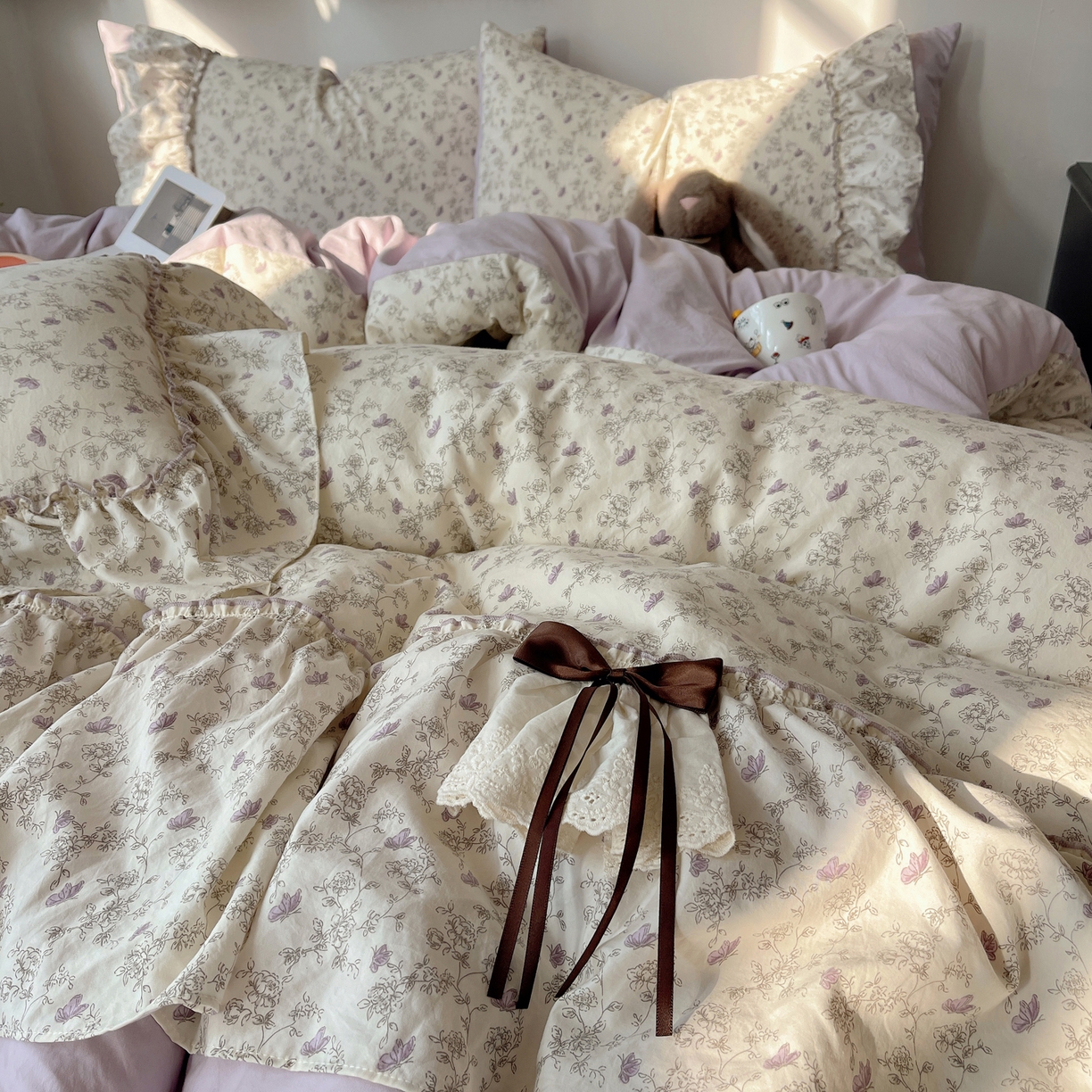 91家纺网 家纺一手货源 找家纺 栩裕纺织 2026新款A类云朵锦花边四件套 满天星-浅紫