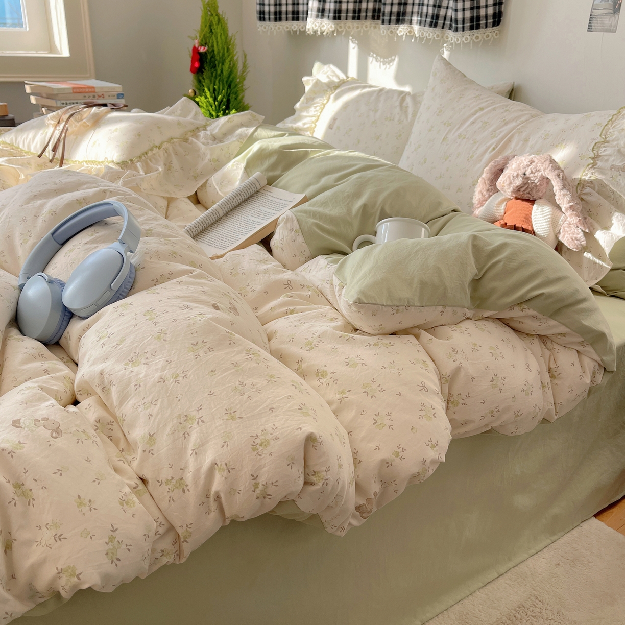 91家纺网 家纺一手货源 找家纺 栩裕纺织 2026新款A类云朵锦花边四件套 小雏菊-浅绿