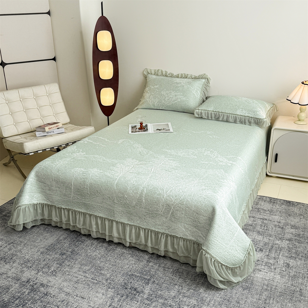 91家纺网 家纺一手货源 找家纺 慕木家纺 2026新款A类三明治复合乙纶提花冰豆豆花边床盖款床裙水墨丹青系列（提供买家秀） 水墨丹青-绿