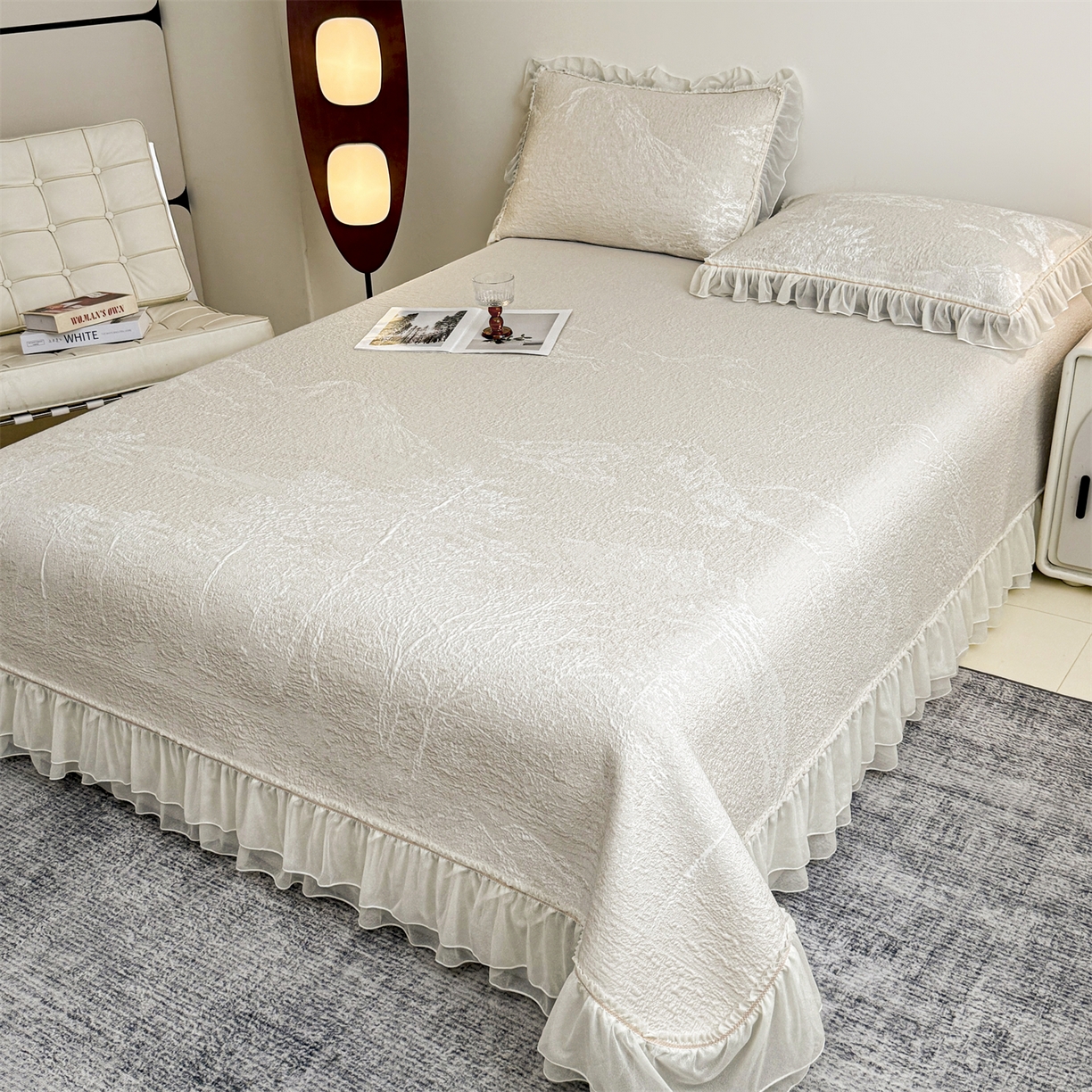 91家纺网 家纺一手货源 找家纺 慕木家纺 2026新款A类三明治复合乙纶提花冰豆豆花边床盖款床裙水墨丹青系列（提供买家秀） 水墨丹青-卡其