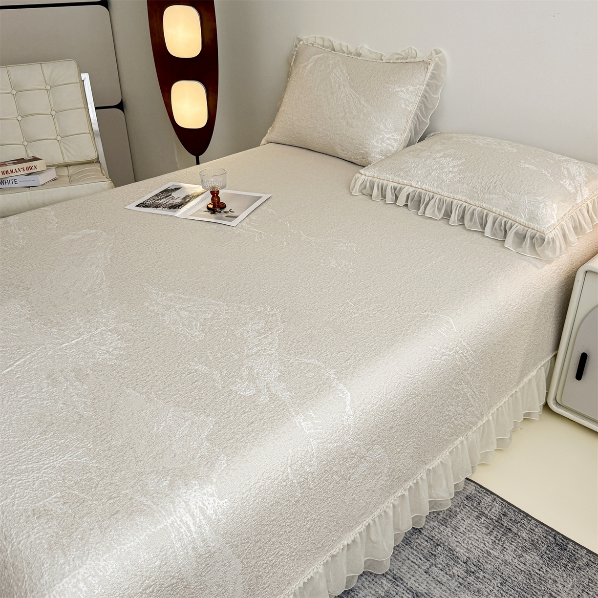 91家纺网 家纺一手货源 找家纺 慕木家纺 2026新款A类三明治复合乙纶提花冰豆豆花边床盖款床裙水墨丹青系列（提供买家秀） 水墨丹青-卡其