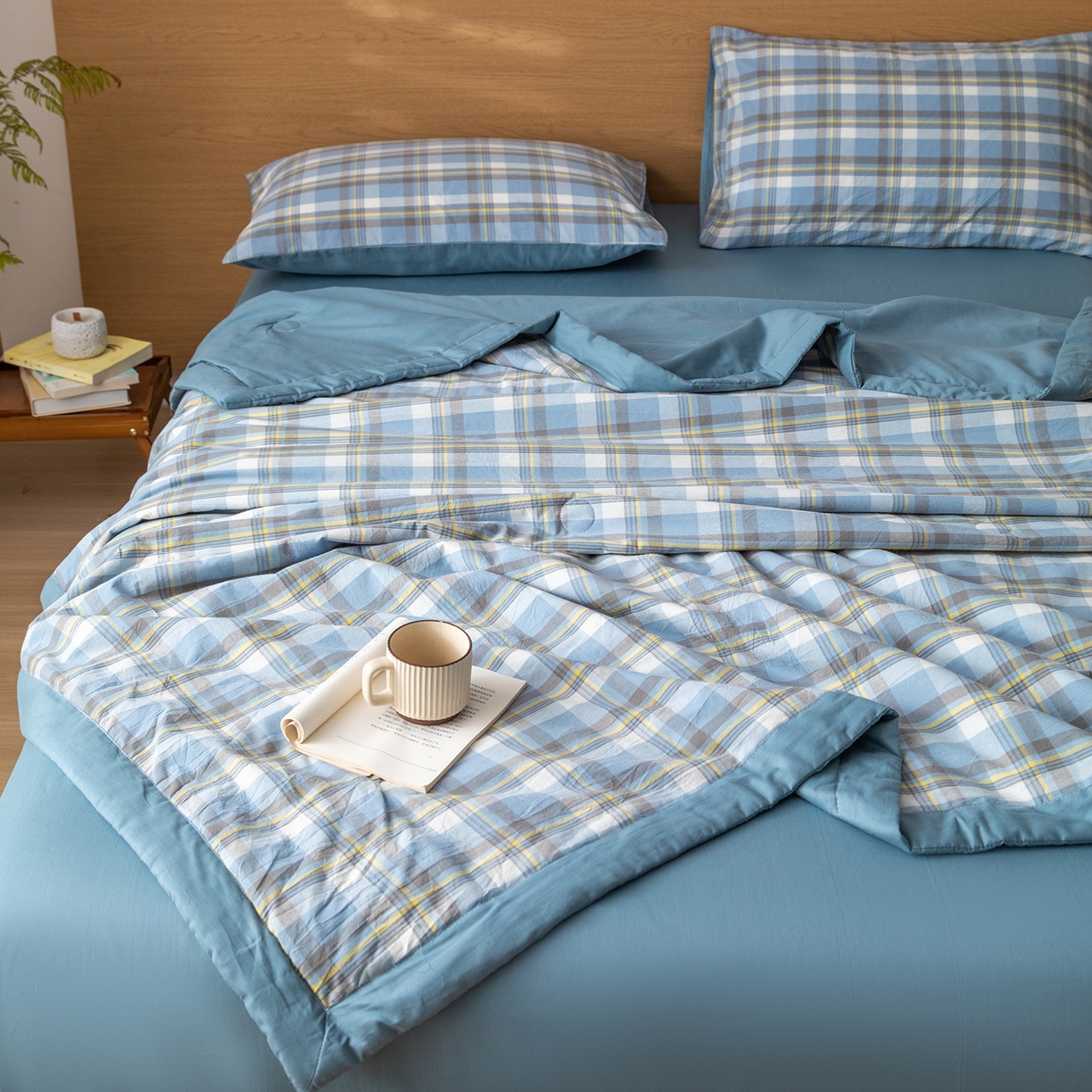 91家纺网 家纺一手货源 找家纺 安琪家纺 2026春夏新款色织水洗棉棉花夏被夏凉被空调被 简夕蓝