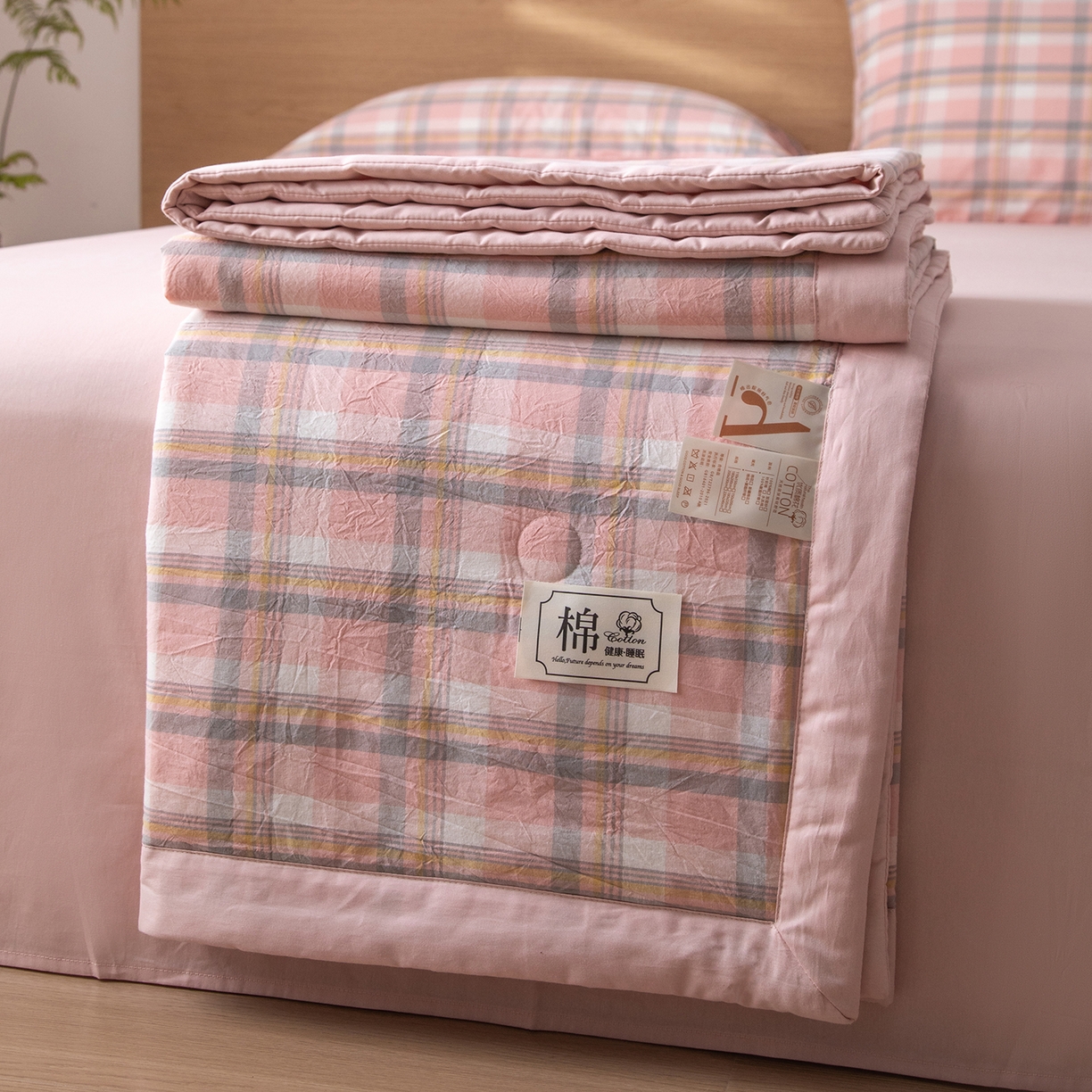 91家纺网 家纺一手货源 找家纺 安琪家纺 2026春夏新款色织水洗棉棉花夏被夏凉被空调被 简夕粉