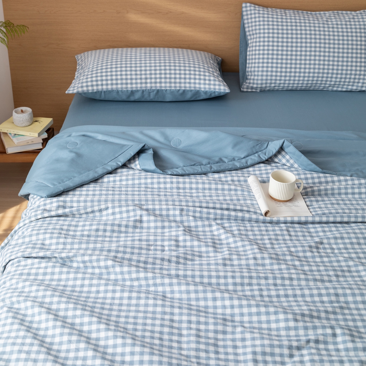 91家纺网 家纺一手货源 找家纺 安琪家纺 2026春夏新款色织水洗棉棉花夏被夏凉被空调被 蓝小格