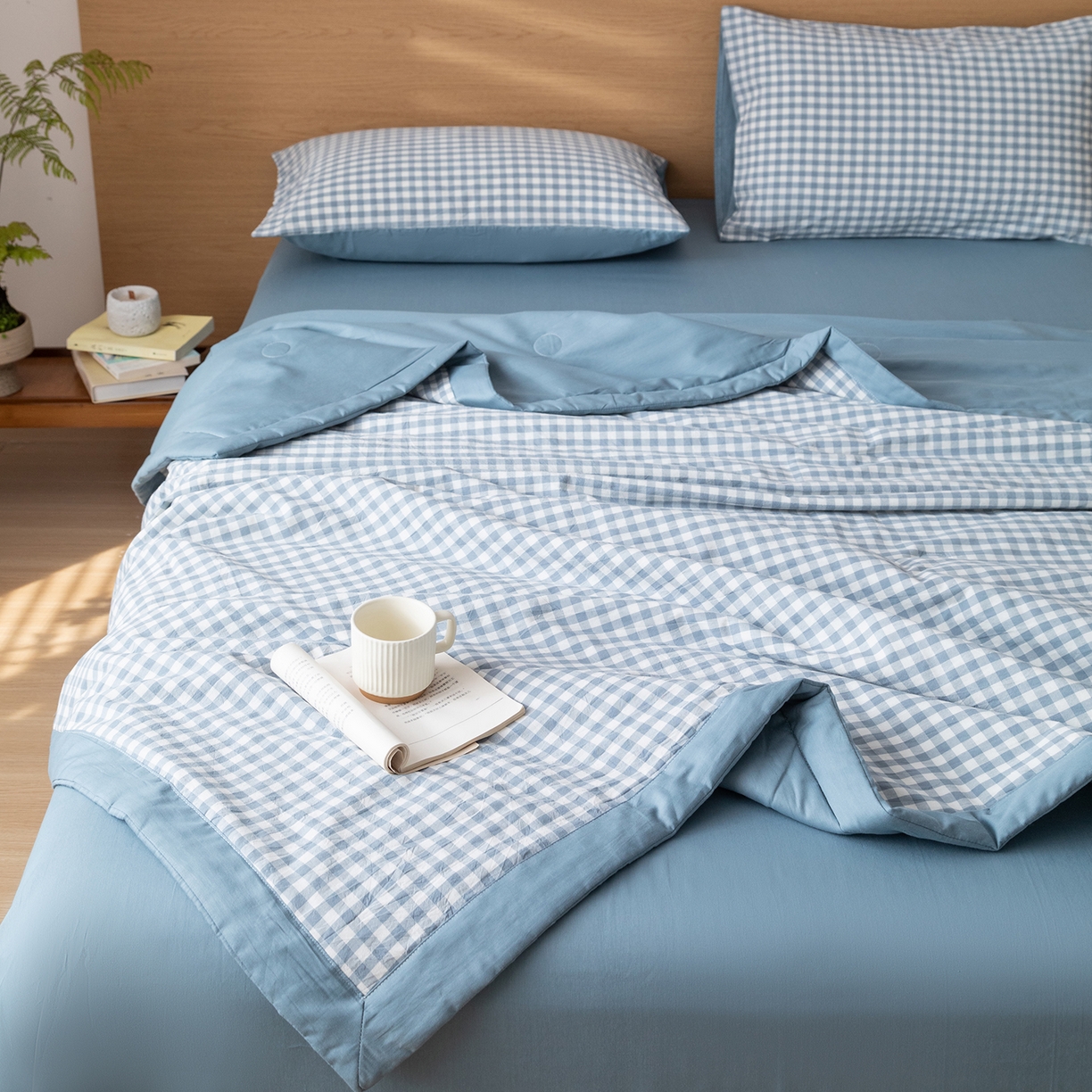 91家纺网 家纺一手货源 找家纺 安琪家纺 2026春夏新款色织水洗棉棉花夏被夏凉被空调被 蓝小格