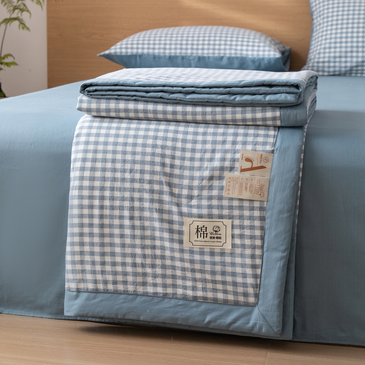 91家纺网 家纺一手货源 找家纺 安琪家纺 2026春夏新款色织水洗棉棉花夏被夏凉被空调被 蓝小格
