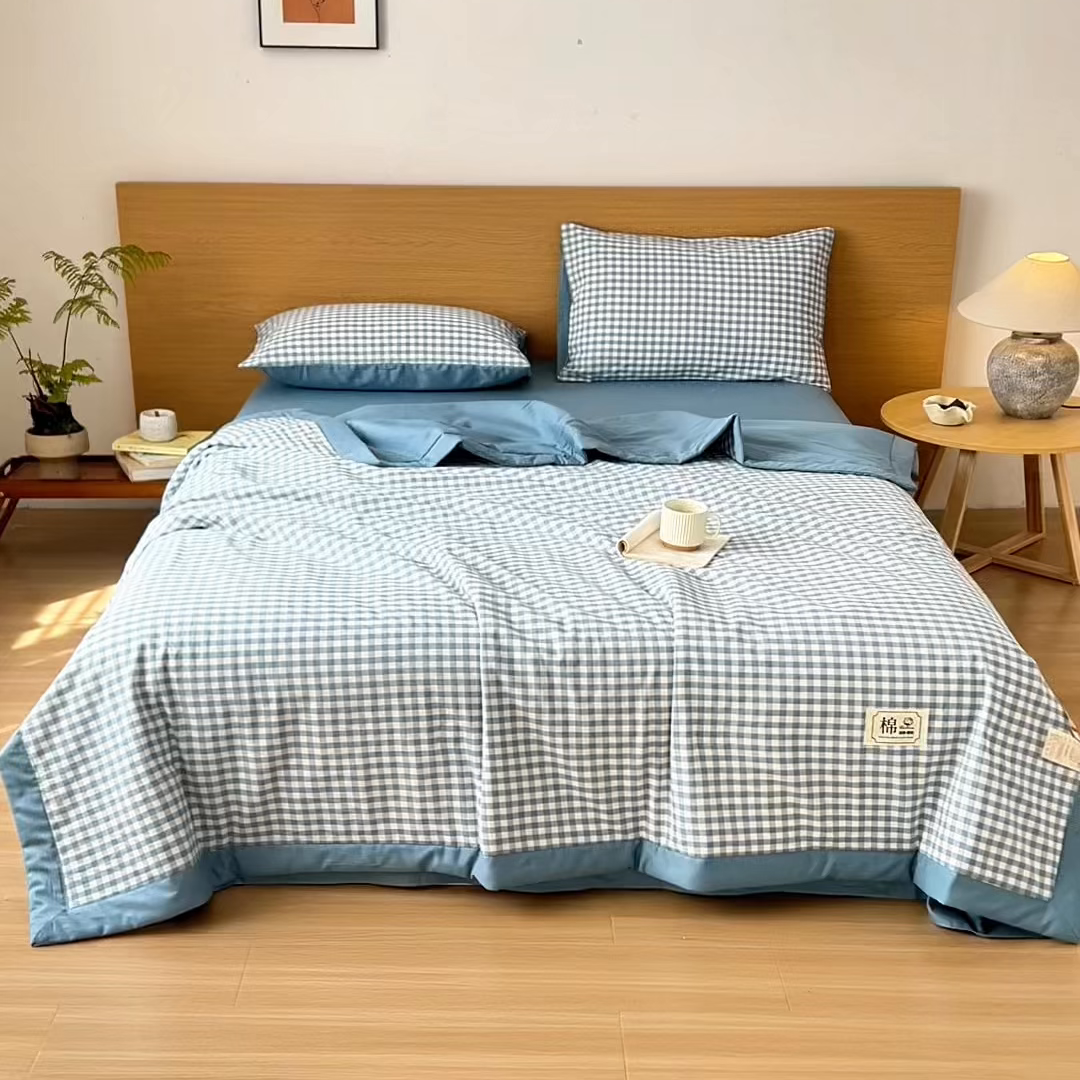 91家纺网 家纺一手货源 找家纺 安琪家纺 2026春夏新款色织水洗棉棉花夏被夏凉被空调被 蓝小格