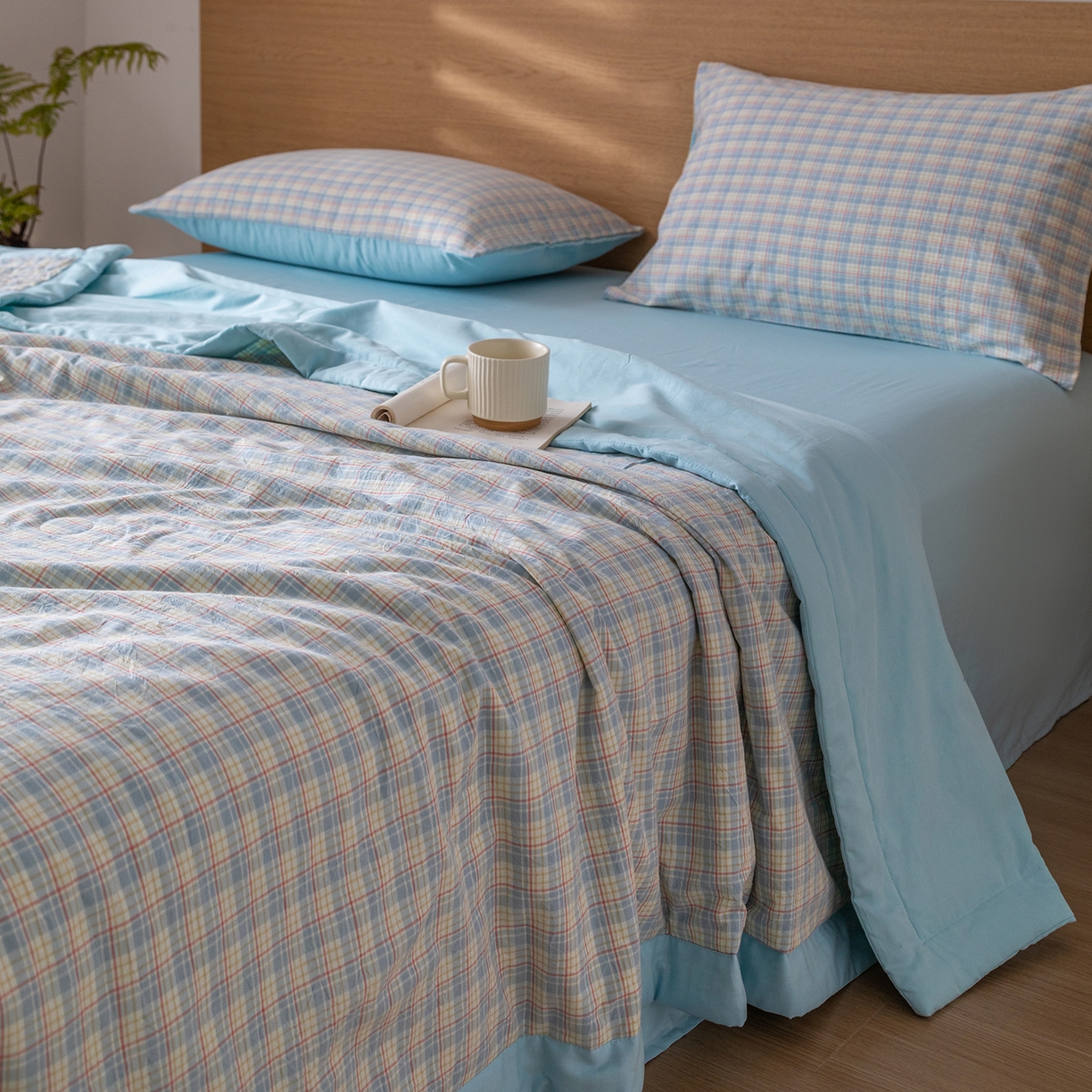 91家纺网 家纺一手货源 找家纺 安琪家纺 2026春夏新款色织水洗棉棉花夏被夏凉被空调被 密格蓝