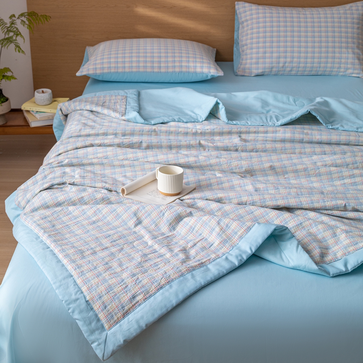 91家纺网 家纺一手货源 找家纺 安琪家纺 2026春夏新款色织水洗棉棉花夏被夏凉被空调被 密格蓝