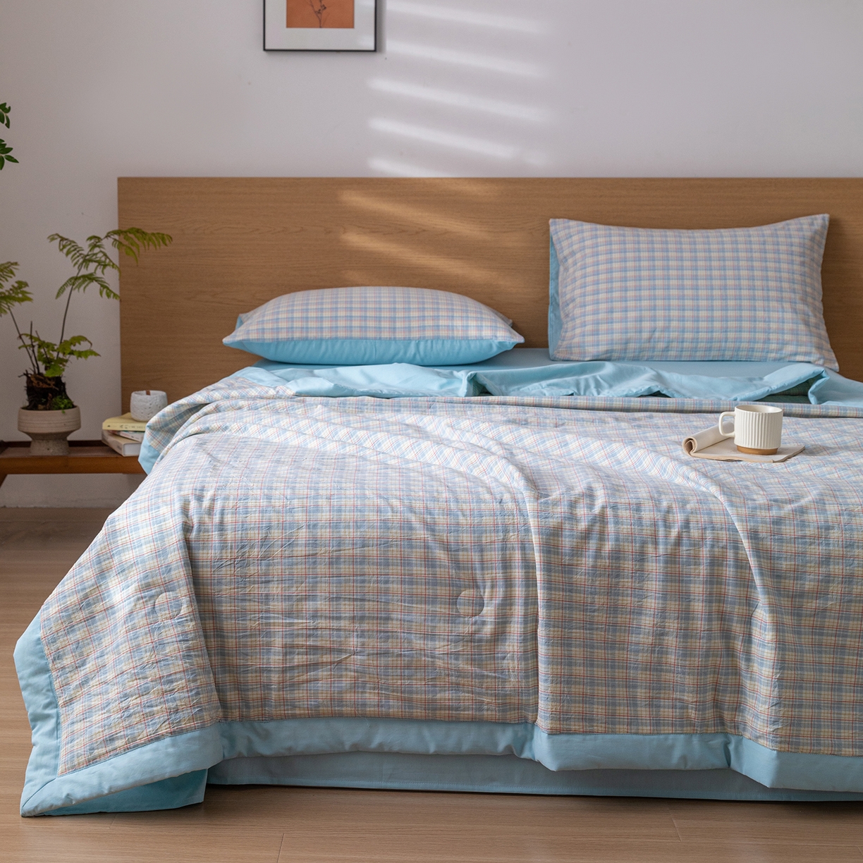 91家纺网 家纺一手货源 找家纺 安琪家纺 2026春夏新款色织水洗棉棉花夏被夏凉被空调被 密格蓝