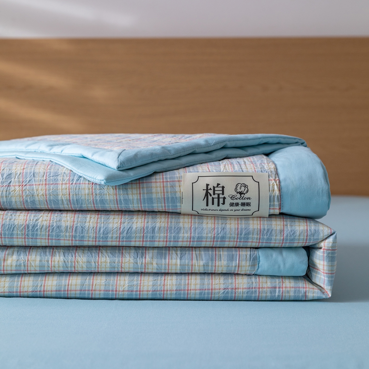 91家纺网 家纺一手货源 找家纺 安琪家纺 2026春夏新款色织水洗棉棉花夏被夏凉被空调被 密格蓝