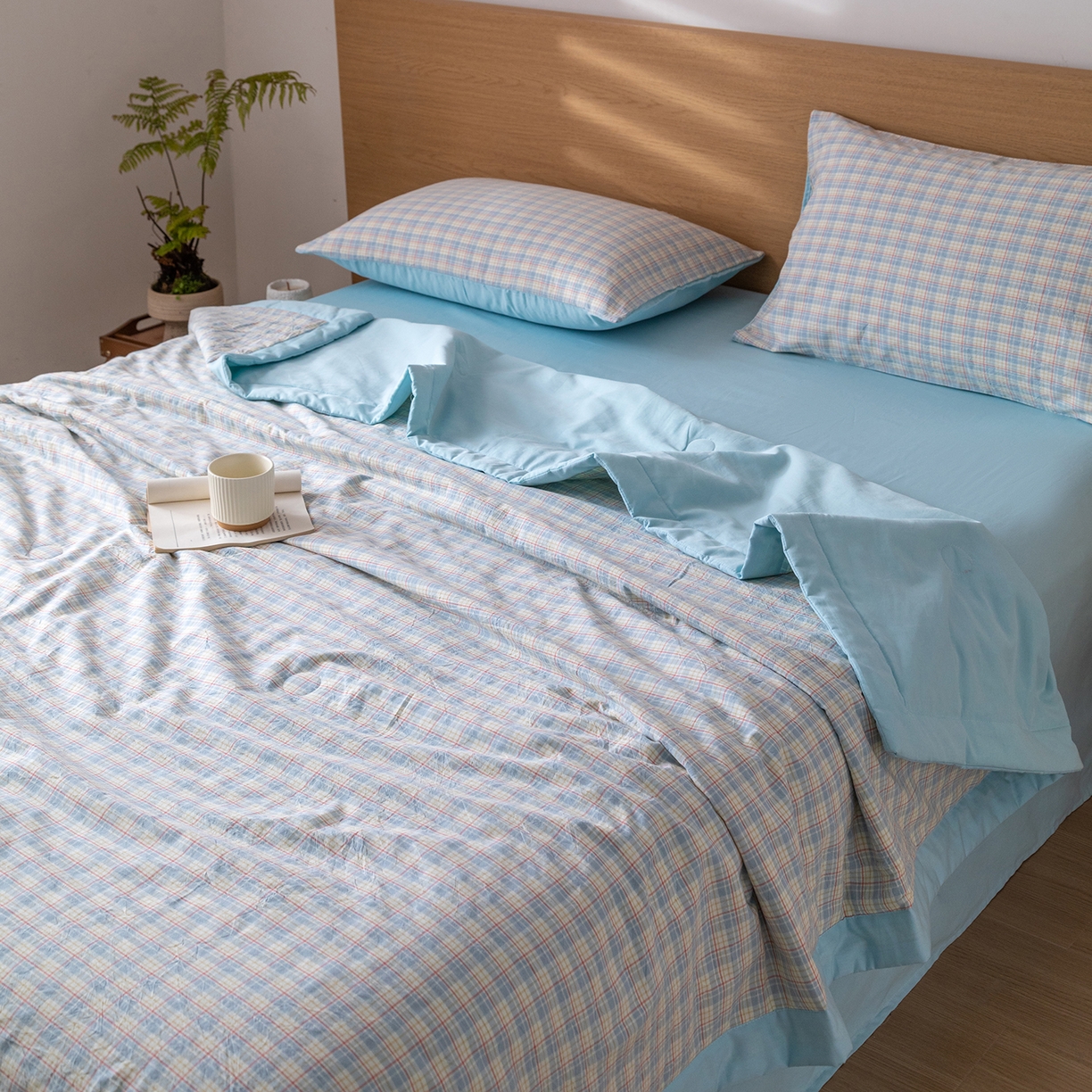 91家纺网 家纺一手货源 找家纺 安琪家纺 2026春夏新款色织水洗棉棉花夏被夏凉被空调被 密格蓝