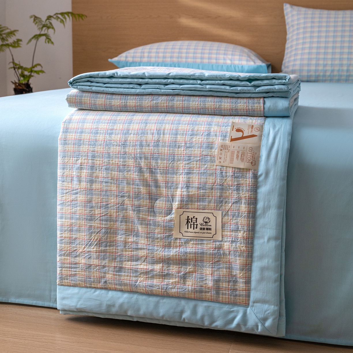 91家纺网 家纺一手货源 找家纺 安琪家纺 2026春夏新款色织水洗棉棉花夏被夏凉被空调被 密格蓝