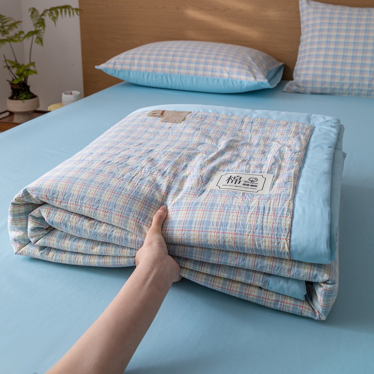 91家纺网 家纺一手货源 找家纺 安琪家纺 2026春夏新款色织水洗棉棉花夏被夏凉被空调被 密格蓝