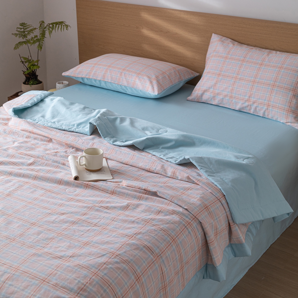 91家纺网 家纺一手货源 找家纺 安琪家纺 2026春夏新款色织水洗棉棉花夏被夏凉被空调被 中格粉