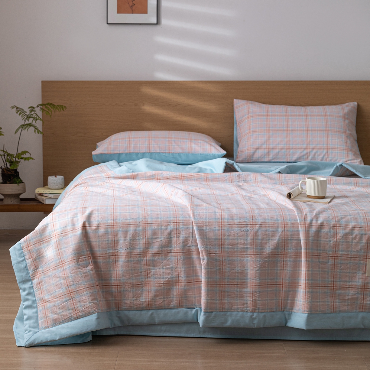 91家纺网 家纺一手货源 找家纺 安琪家纺 2026春夏新款色织水洗棉棉花夏被夏凉被空调被 中格粉