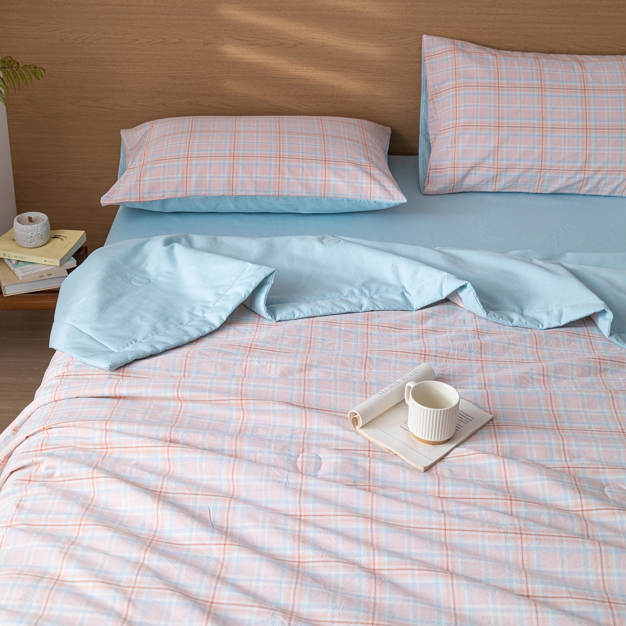 91家纺网 家纺一手货源 找家纺 安琪家纺 2026春夏新款色织水洗棉棉花夏被夏凉被空调被 中格粉