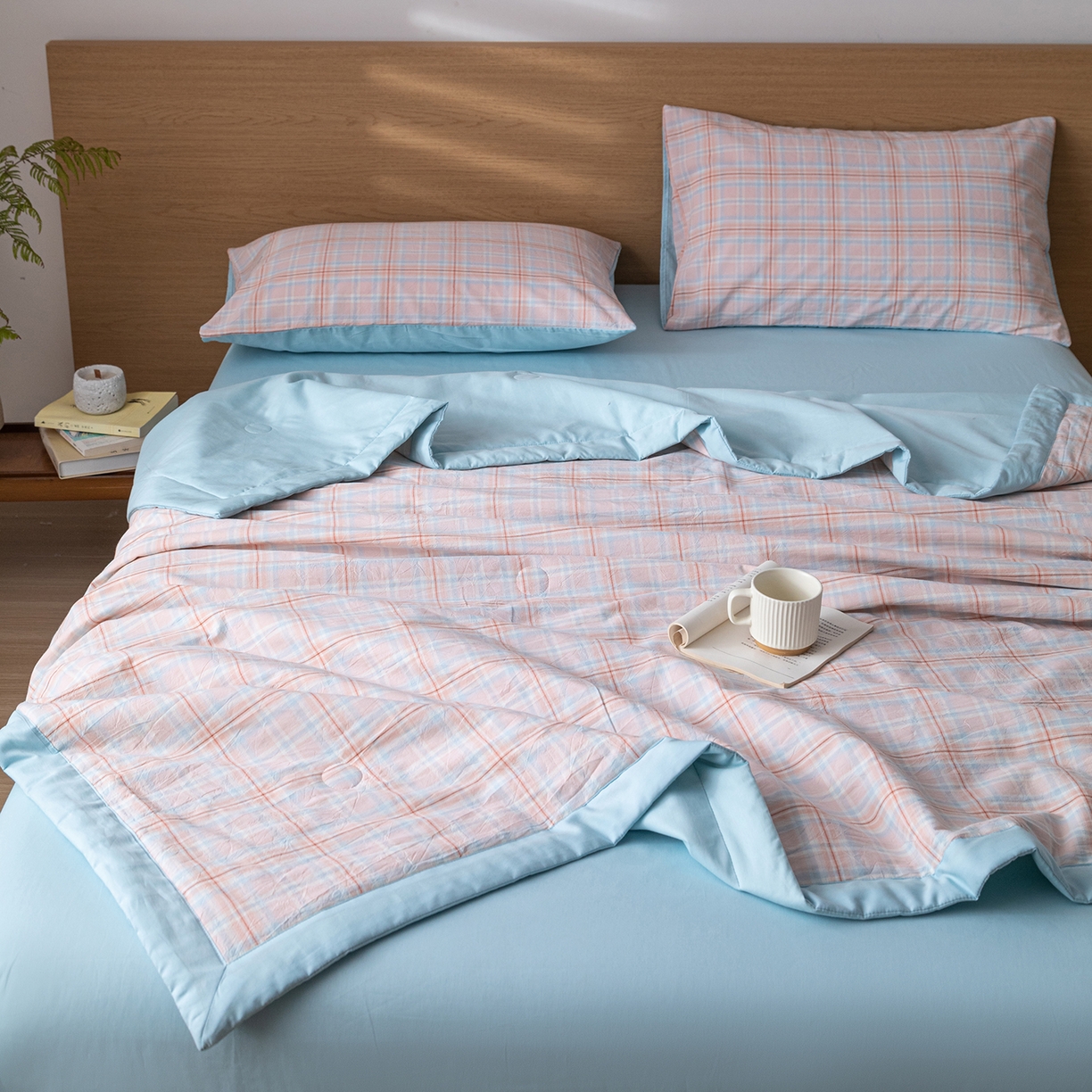 91家纺网 家纺一手货源 找家纺 安琪家纺 2026春夏新款色织水洗棉棉花夏被夏凉被空调被 中格粉