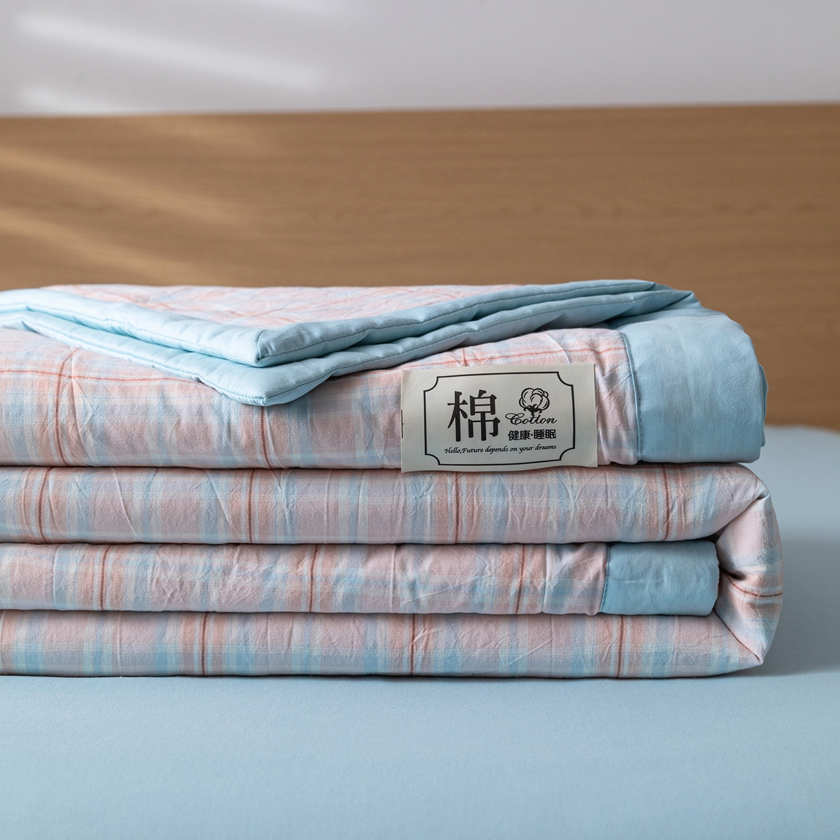 91家纺网 家纺一手货源 找家纺 安琪家纺 2026春夏新款色织水洗棉棉花夏被夏凉被空调被 中格粉