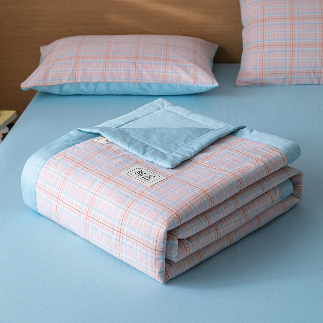 91家纺网 家纺一手货源 找家纺 安琪家纺 2026春夏新款色织水洗棉棉花夏被夏凉被空调被 中格粉