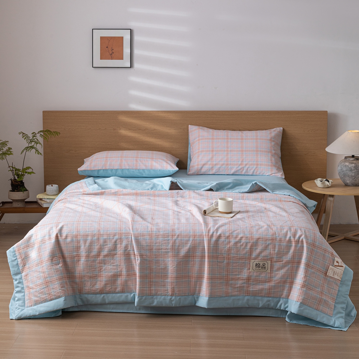 91家纺网 家纺一手货源 找家纺 安琪家纺 2026春夏新款色织水洗棉棉花夏被夏凉被空调被 中格粉