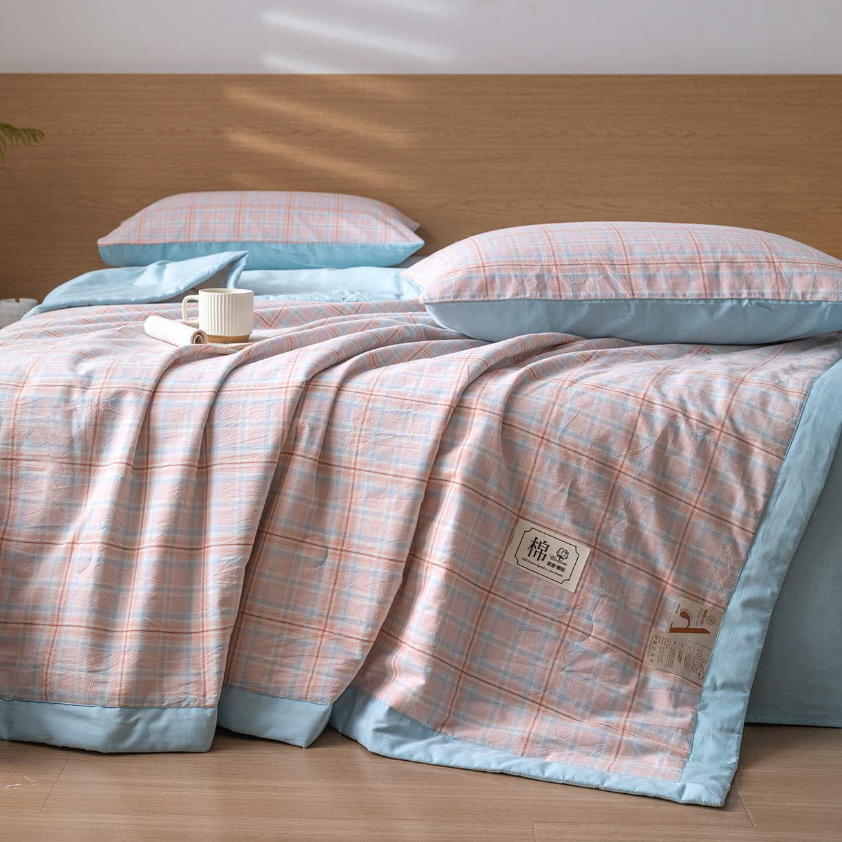 91家纺网 家纺一手货源 找家纺 安琪家纺 2026春夏新款色织水洗棉棉花夏被夏凉被空调被 中格粉