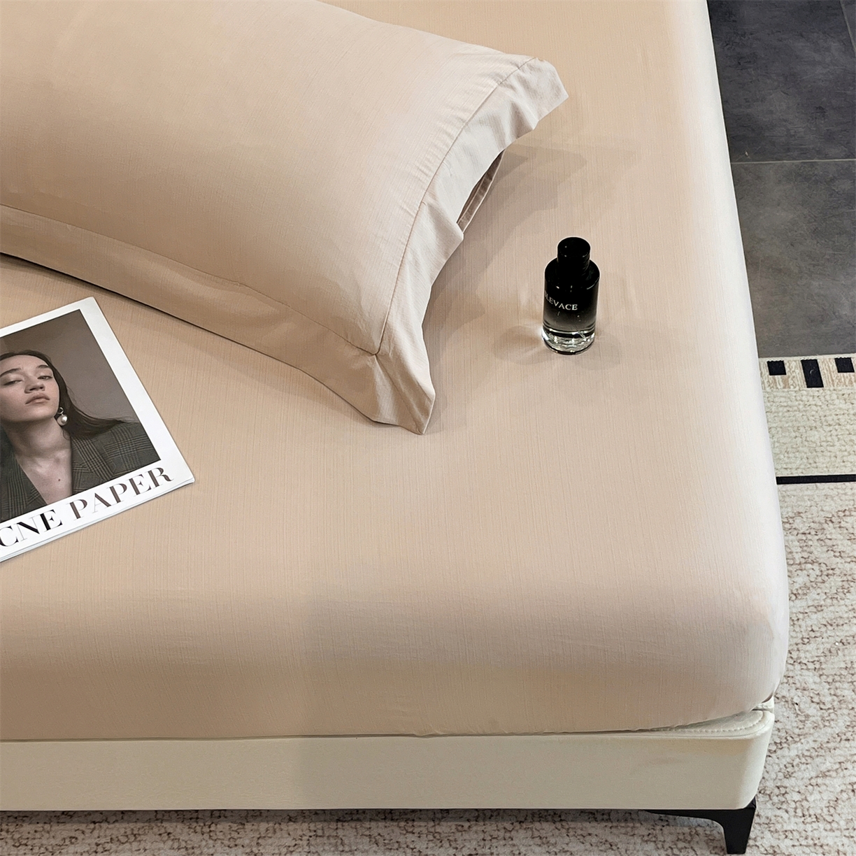 91家纺网 家纺一手货源 找家纺 慕木家纺 2026新款A类纯色印花慕丝棉床笠系列（抽空压缩可供跨境）（提供买家秀） 莫奈咖