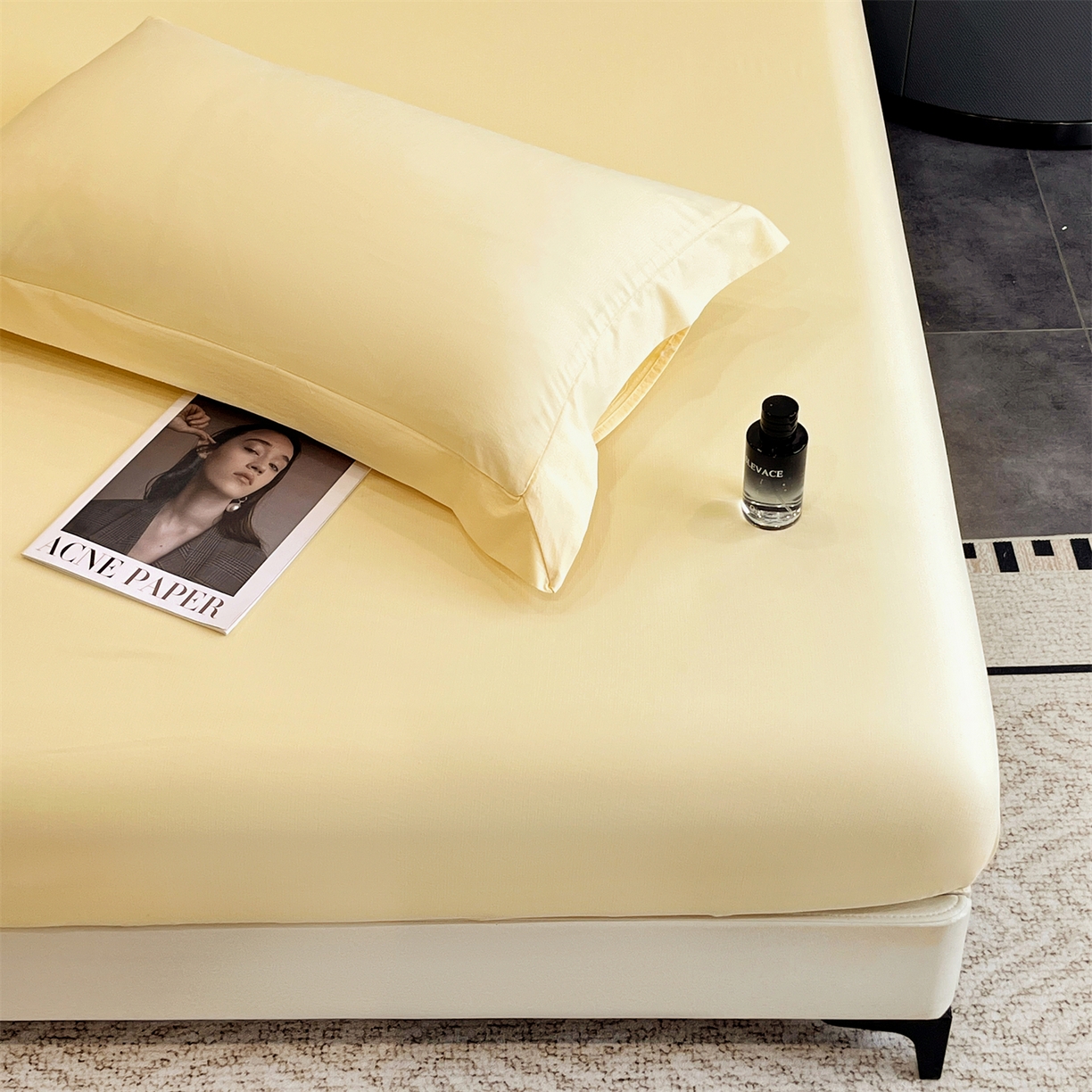 91家纺网 家纺一手货源 找家纺 慕木家纺 2026新款A类纯色印花慕丝棉床笠系列（抽空压缩可供跨境）（提供买家秀） 奶油黄