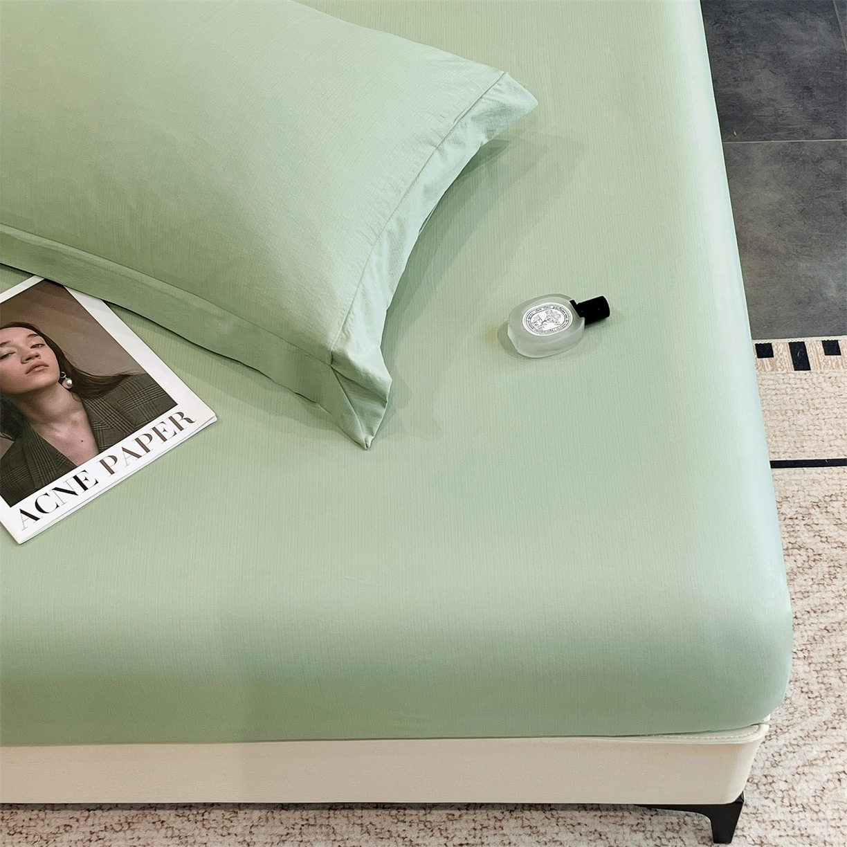 91家纺网 家纺一手货源 找家纺 慕木家纺 2026新款A类纯色印花慕丝棉床笠系列（抽空压缩可供跨境）（提供买家秀） 抹茶绿