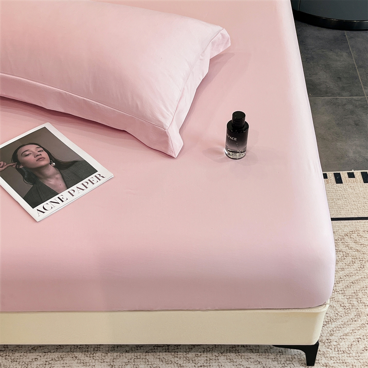 91家纺网 家纺一手货源 找家纺 慕木家纺 2026新款A类纯色印花慕丝棉床笠系列（抽空压缩可供跨境）（提供买家秀） 少女粉