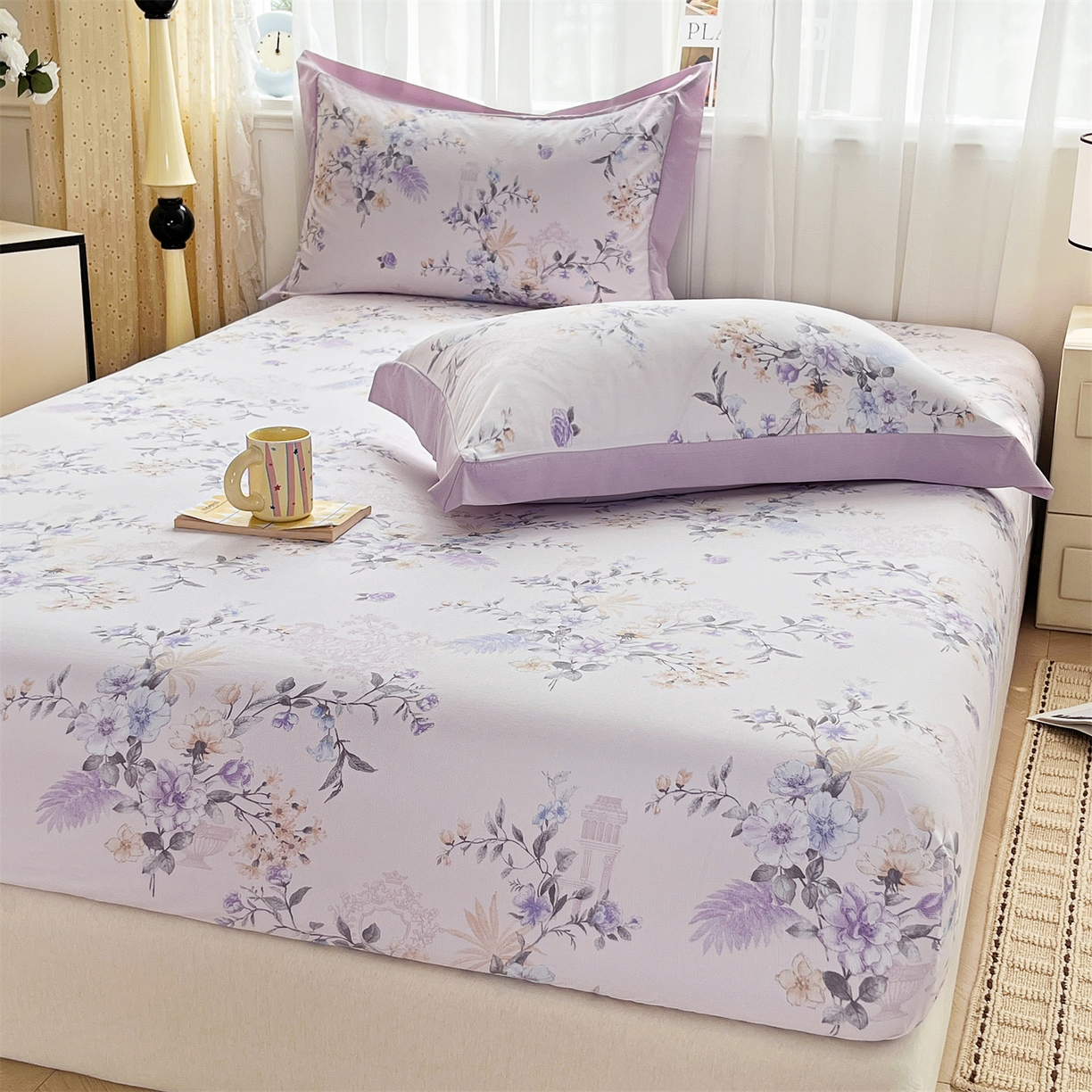 91家纺网 家纺一手货源 找家纺 慕木家纺 2026新款A类纯色印花慕丝棉床笠系列（抽空压缩可供跨境）（提供买家秀） 莫兰迪