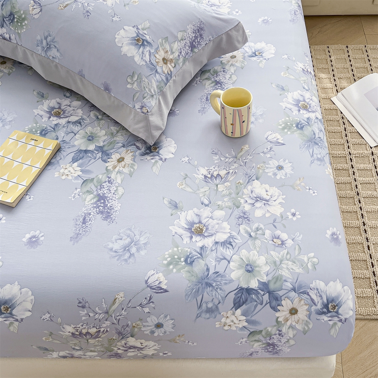 慕木家纺 2026新款A类纯色印花慕丝棉床笠系列（抽空压缩可供跨境）（提供买家秀） 蓝庭叙