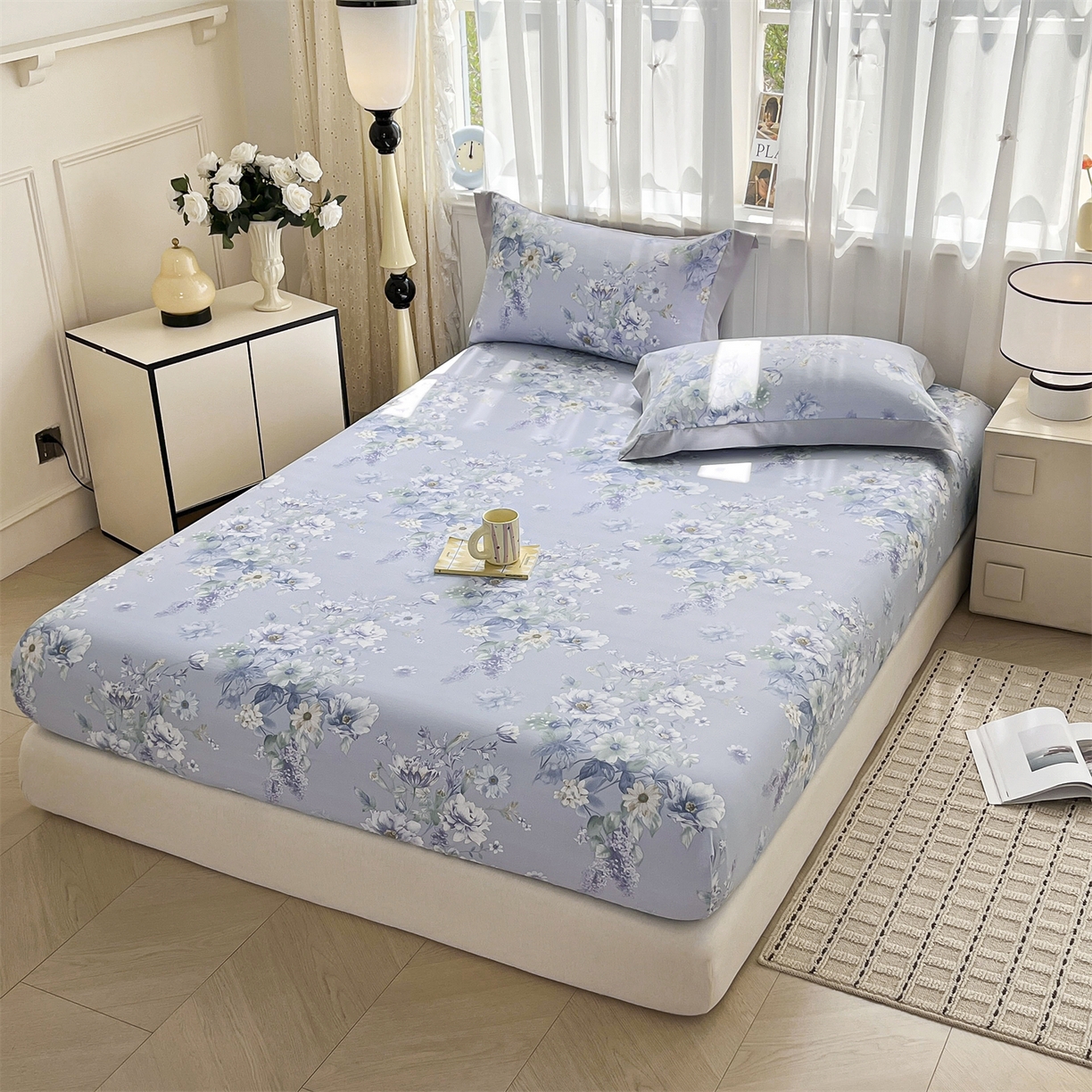 91家纺网 家纺一手货源 找家纺 慕木家纺 2026新款A类纯色印花慕丝棉床笠系列（抽空压缩可供跨境）（提供买家秀） 蓝庭叙