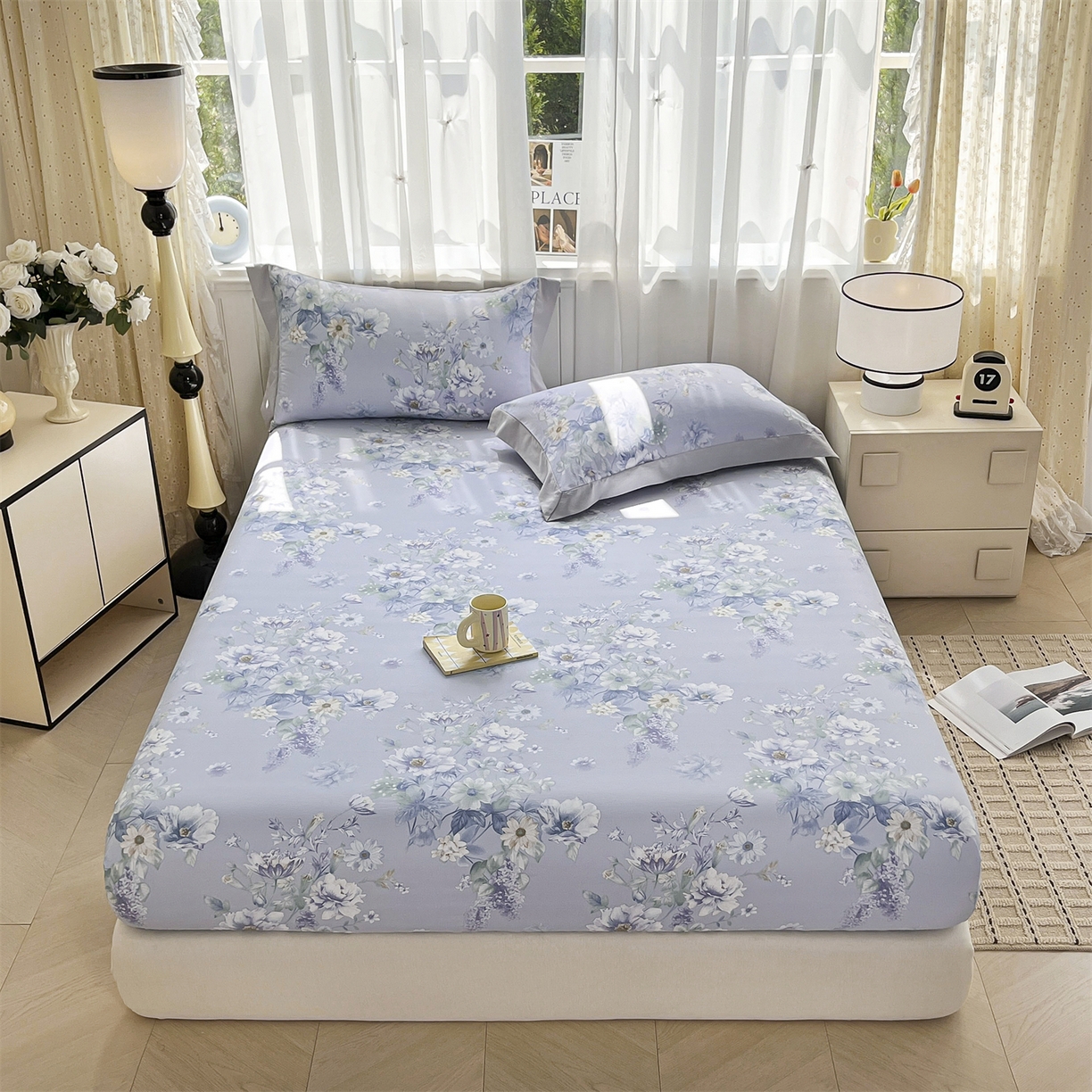 91家纺网 家纺一手货源 找家纺 慕木家纺 2026新款A类纯色印花慕丝棉床笠系列（抽空压缩可供跨境）（提供买家秀） 蓝庭叙