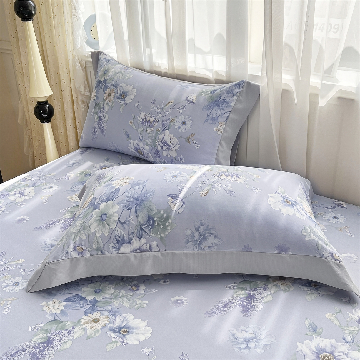 91家纺网 家纺一手货源 找家纺 慕木家纺 2026新款A类纯色印花慕丝棉床笠系列（抽空压缩可供跨境）（提供买家秀） 蓝庭叙