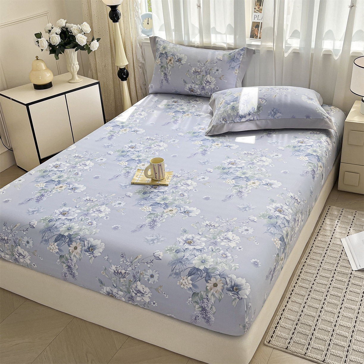 91家纺网 家纺一手货源 找家纺 慕木家纺 2026新款A类纯色印花慕丝棉床笠系列（抽空压缩可供跨境）（提供买家秀） 蓝庭叙