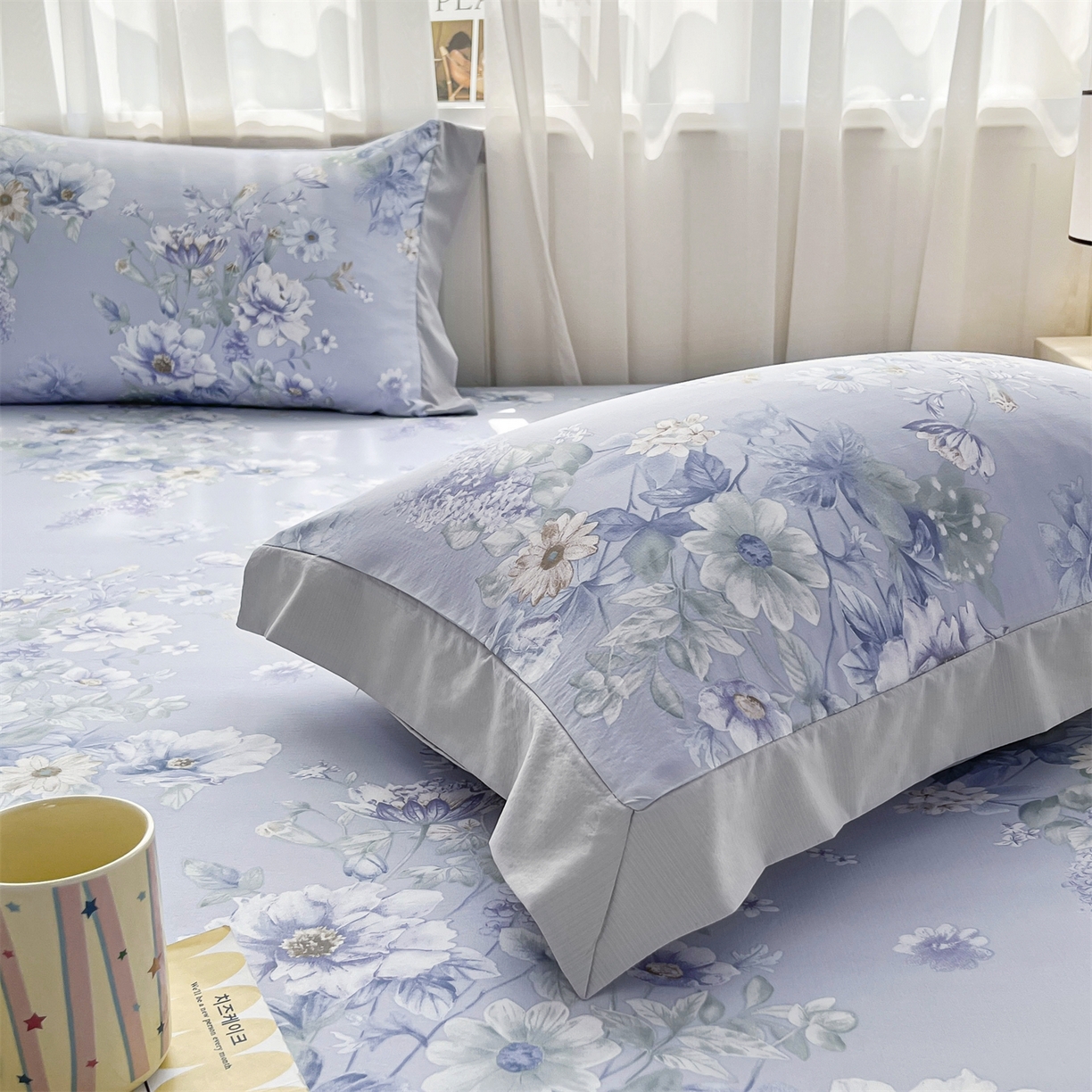 91家纺网 家纺一手货源 找家纺 慕木家纺 2026新款A类纯色印花慕丝棉床笠系列（抽空压缩可供跨境）（提供买家秀） 蓝庭叙