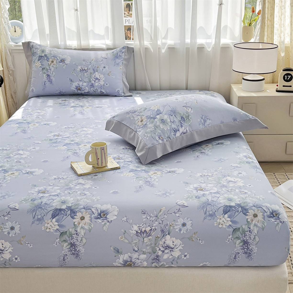 91家纺网 家纺一手货源 找家纺 慕木家纺 2026新款A类纯色印花慕丝棉床笠系列（抽空压缩可供跨境）（提供买家秀） 蓝庭叙