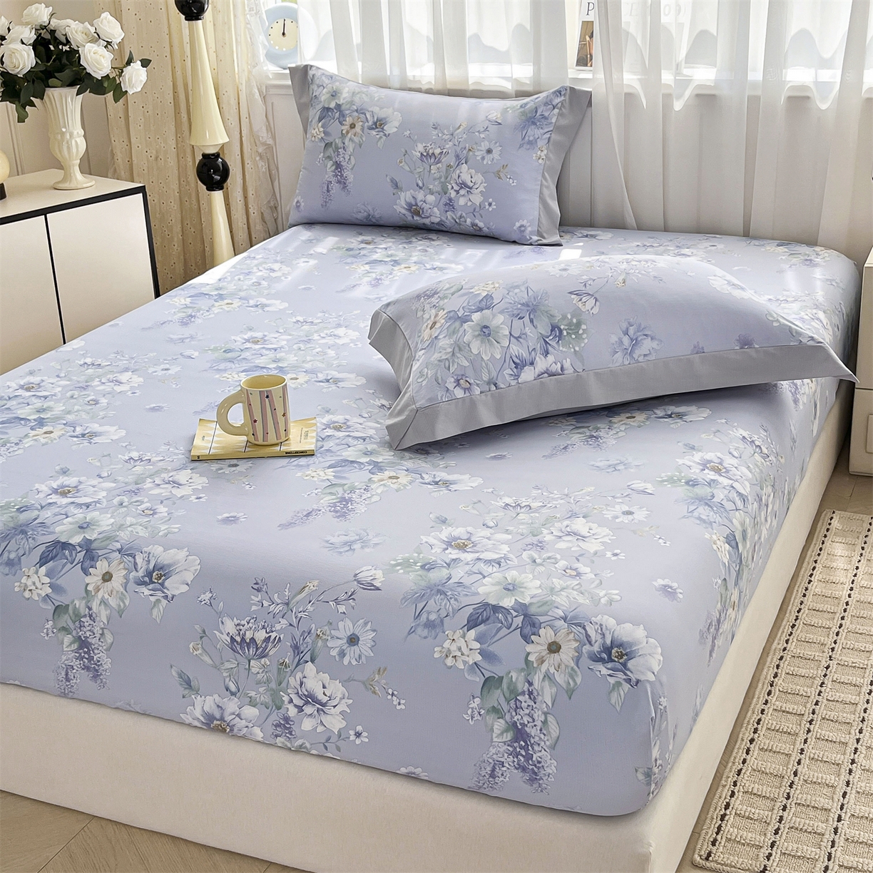 91家纺网 家纺一手货源 找家纺 慕木家纺 2026新款A类纯色印花慕丝棉床笠系列（抽空压缩可供跨境）（提供买家秀） 蓝庭叙