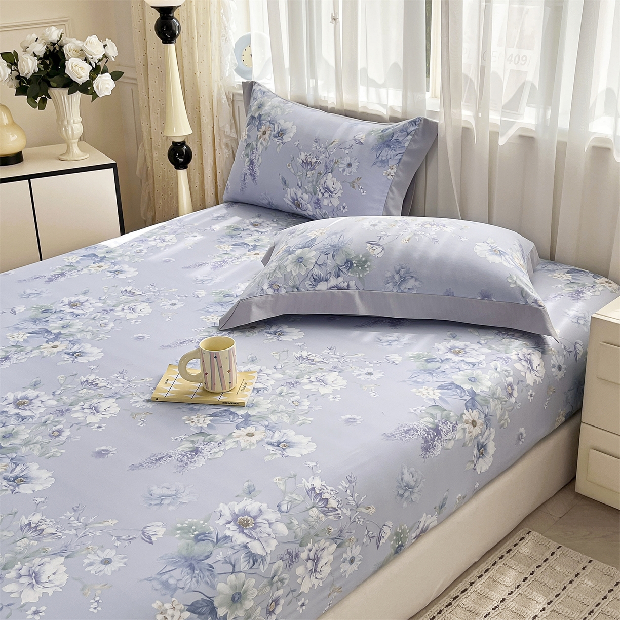 91家纺网 家纺一手货源 找家纺 慕木家纺 2026新款A类纯色印花慕丝棉床笠系列（抽空压缩可供跨境）（提供买家秀） 蓝庭叙