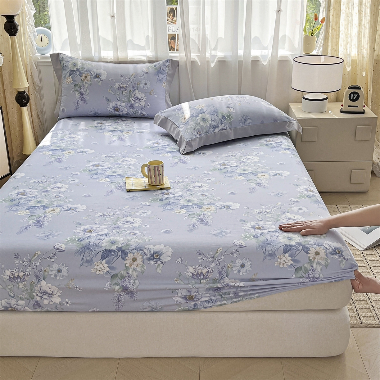 91家纺网 家纺一手货源 找家纺 慕木家纺 2026新款A类纯色印花慕丝棉床笠系列（抽空压缩可供跨境）（提供买家秀） 蓝庭叙