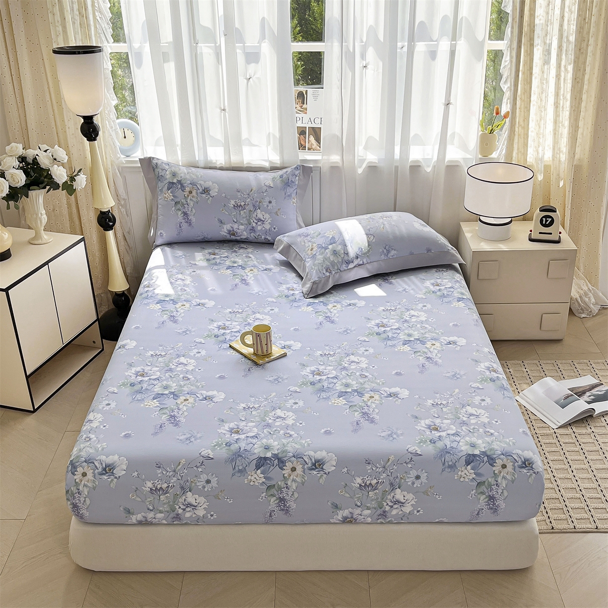 91家纺网 家纺一手货源 找家纺 慕木家纺 2026新款A类纯色印花慕丝棉床笠系列（抽空压缩可供跨境）（提供买家秀） 蓝庭叙